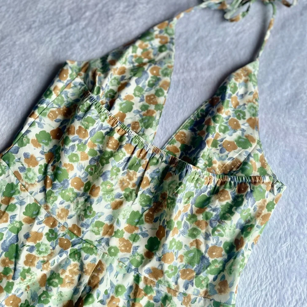 **NWOT** CIDER, (Size S) “Bottomless Mimosas” Green Floral Halter Mini Dress - Picture 2 of 10